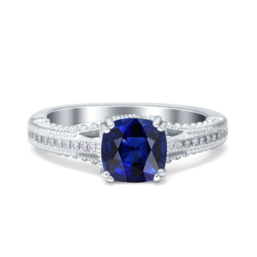 Cushion Cut Art Deco Engagement Ring Simulated Blue Sapphire CZ 925 Sterling Silver